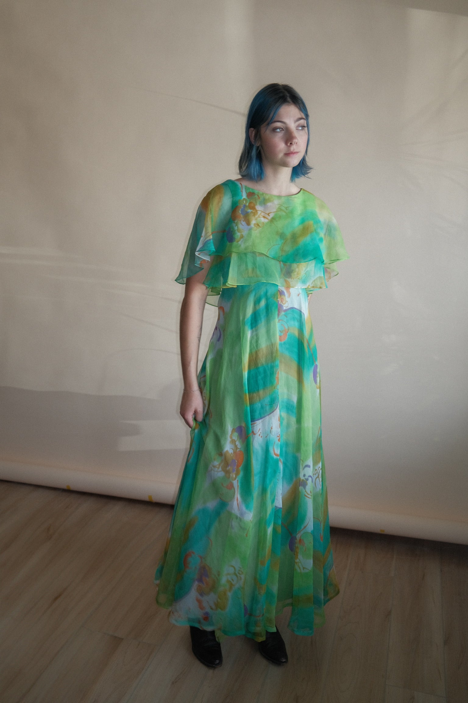 1970's Watercolor Flutter Dress