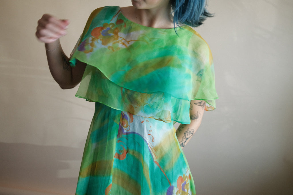 1970's Watercolor Flutter Dress