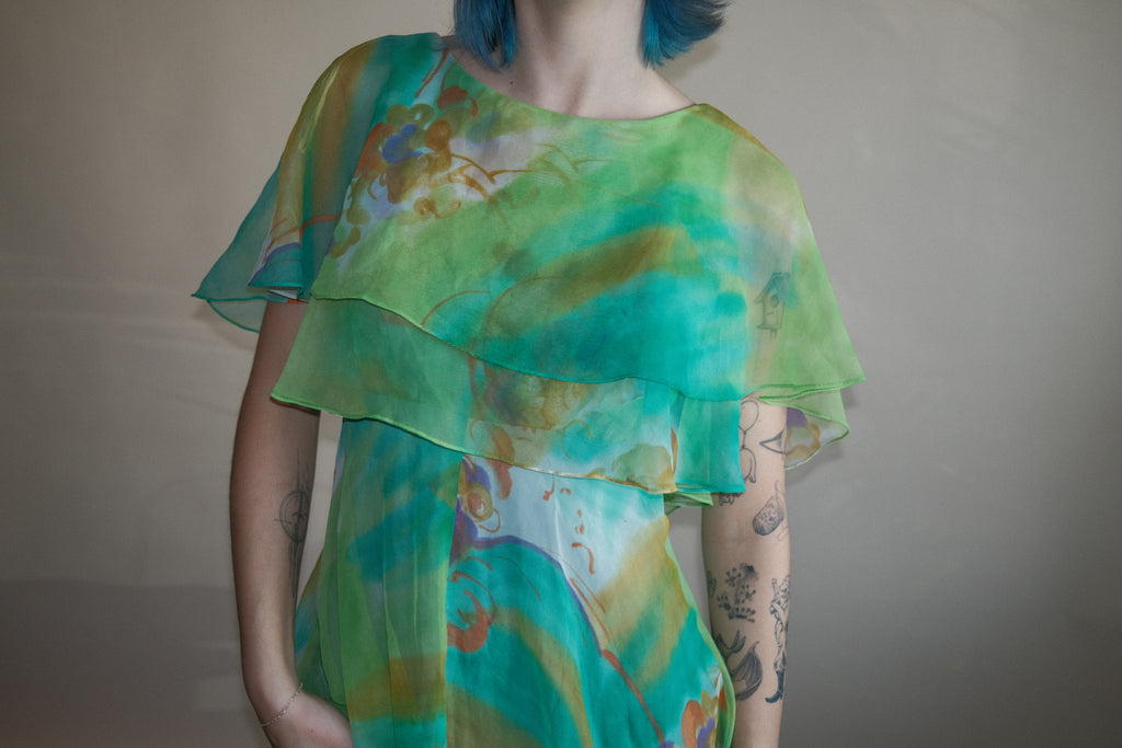 1970's Watercolor Flutter Dress