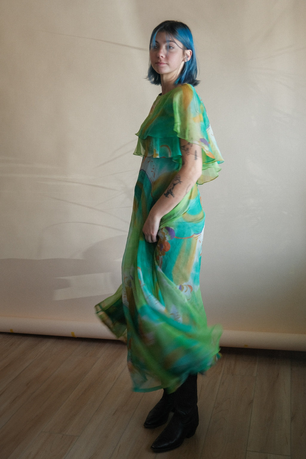 1970's Watercolor Flutter Dress