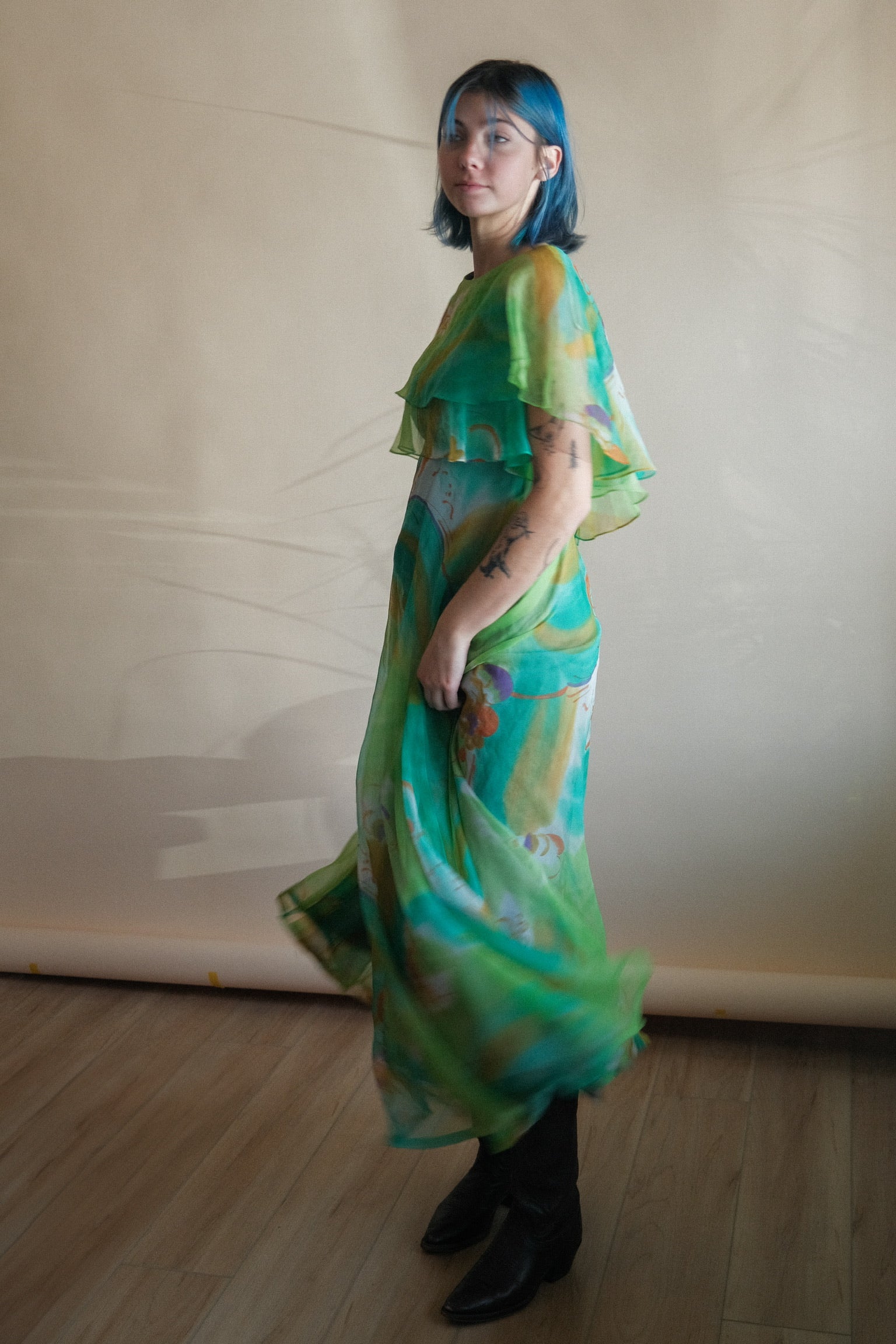 1970's Watercolor Flutter Dress