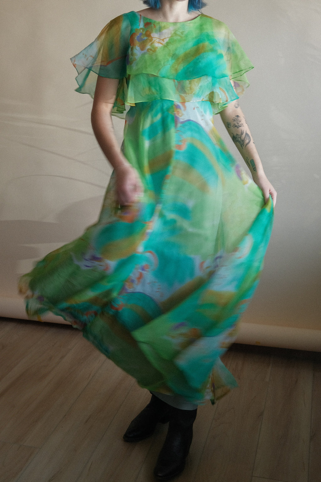 1970's Watercolor Flutter Dress