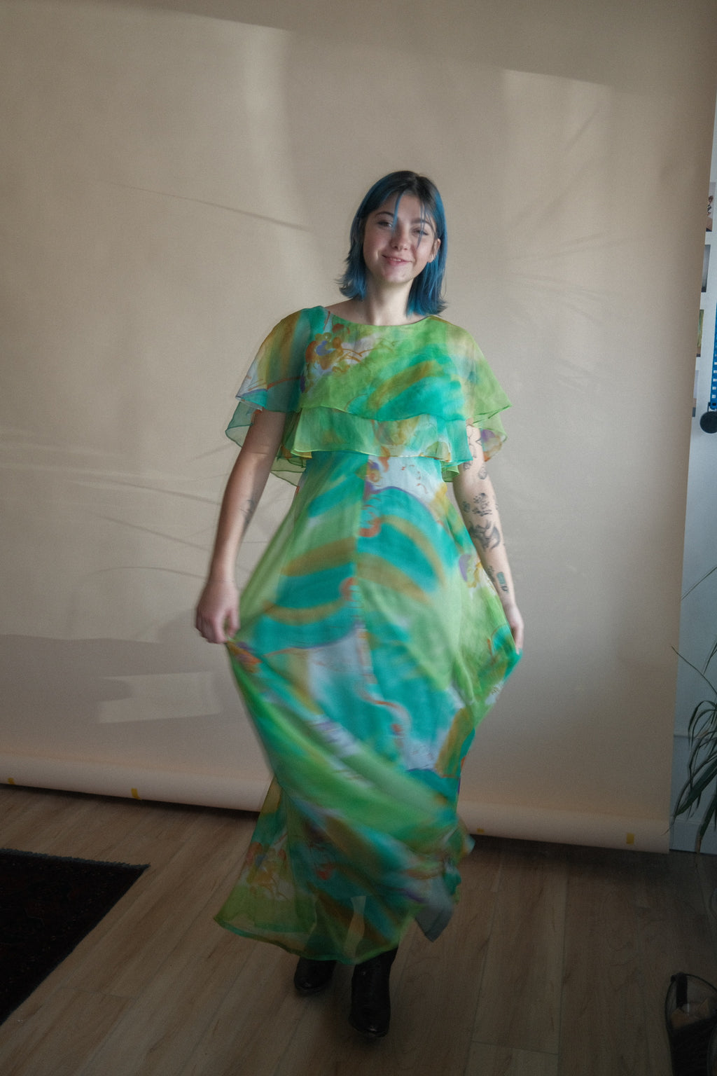 1970's Watercolor Flutter Dress