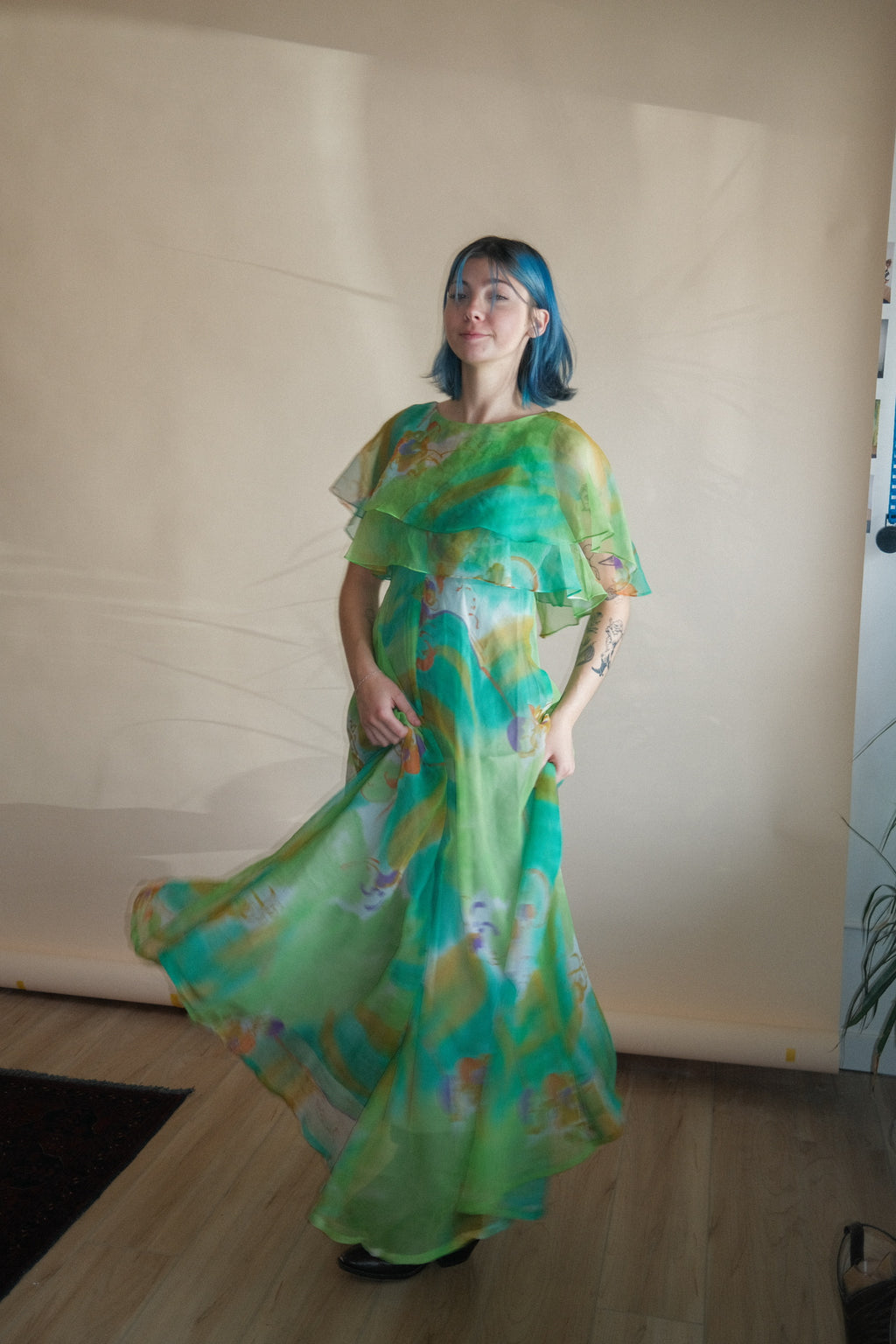 1970's Watercolor Flutter Dress