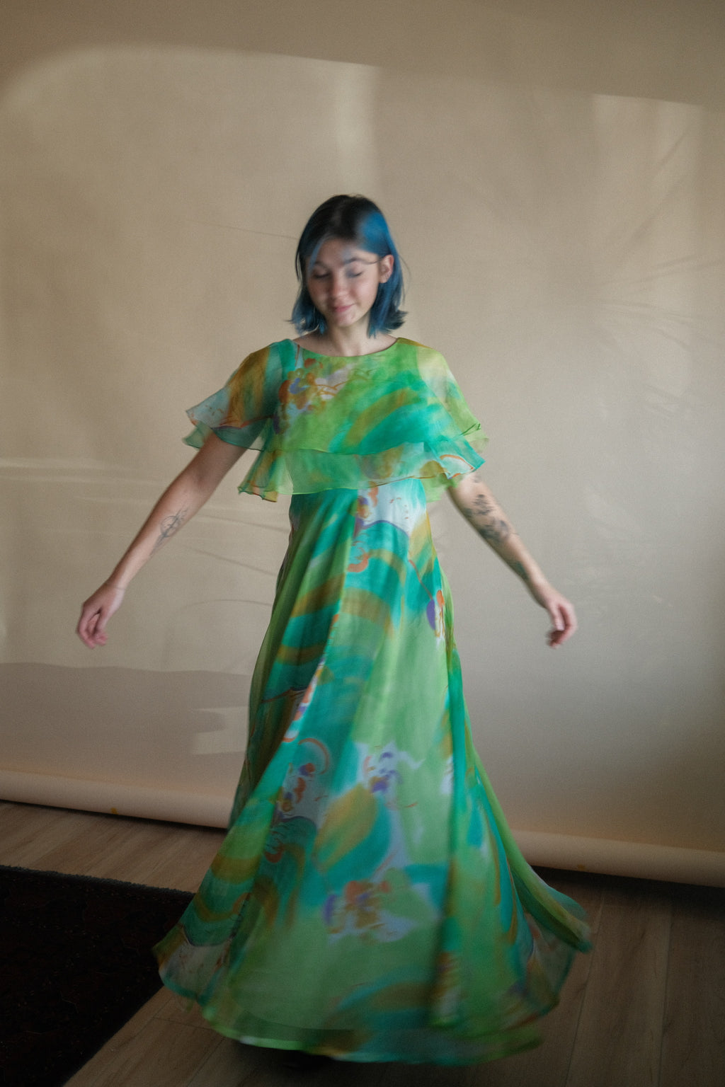 1970's Watercolor Flutter Dress